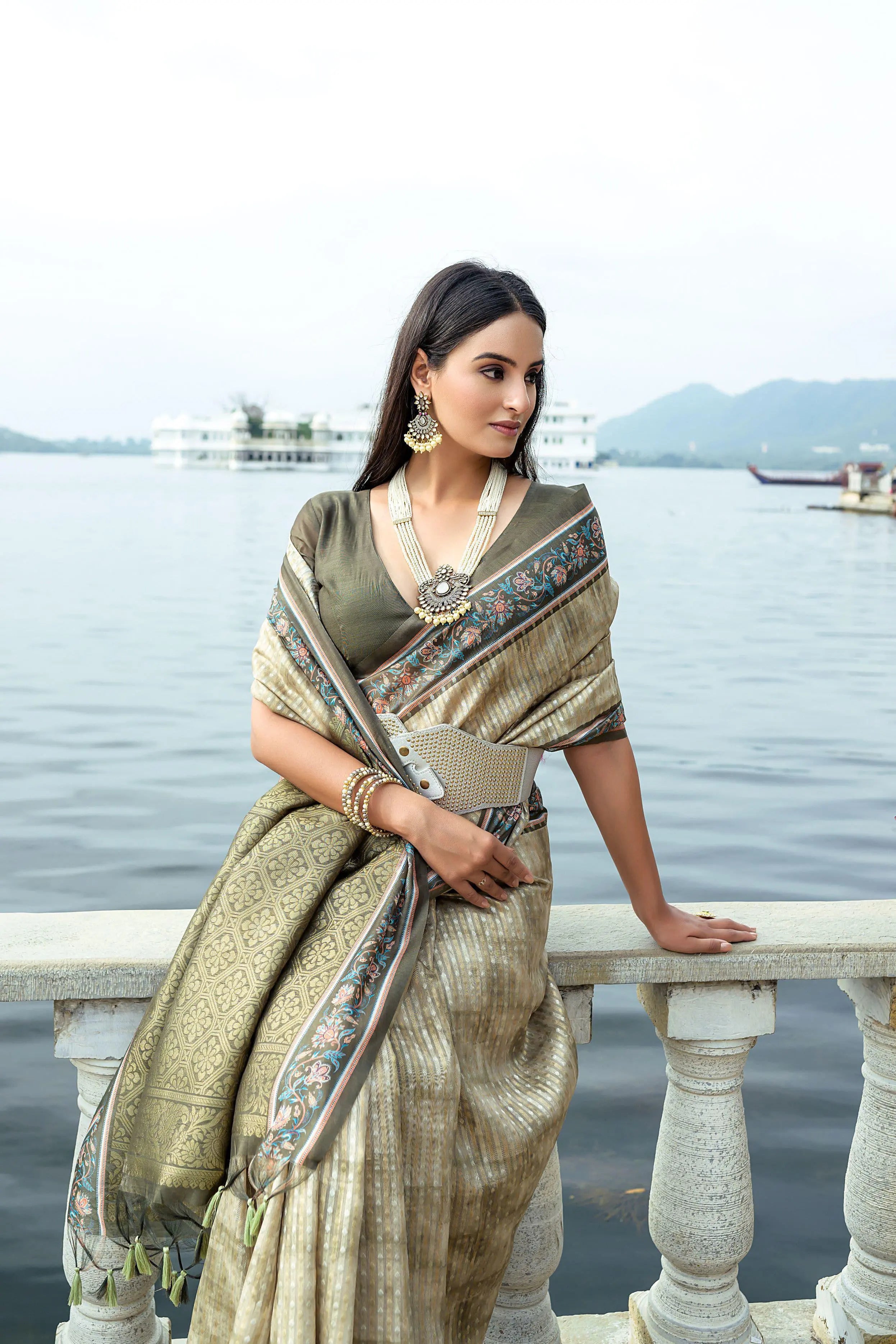 Beige Zari Work soft silk saree showcasing intricate craftsmanship and elegant detailing perfect for festive and traditional occasions